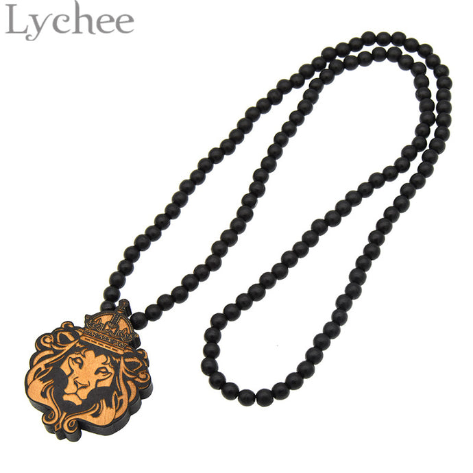 Lychee Wood Cute Anime Lion Pendant Necklace Long Wooden Beads Necklace Jewelry for Men Women