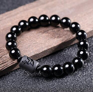 DIEZI Yoga Jewelry 10MM Natural Black Obsidian Carved Buddha Lucky Amulet Round Beads Strand Bracelet For Women Men Jewelry