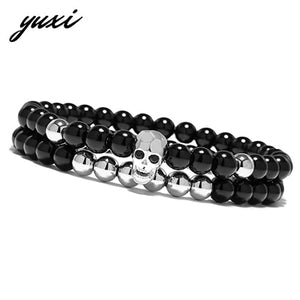 YUXI Steampunk Metal Smile Skull Bracelets Set Elastic Black Beads Chain Skeleton Men Bracelets Sets Male Hand Accessories