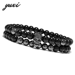 YUXI Steampunk Metal Smile Skull Bracelets Set Elastic Black Beads Chain Skeleton Men Bracelets Sets Male Hand Accessories