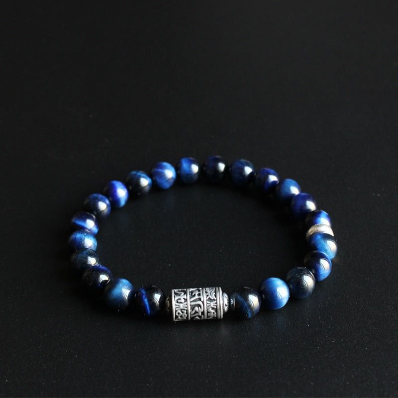 Eastisan Blue Eagle Eye Stone Beads With Tibetan Buddhism Mantra Totem Charm Bracelet For Man Woman Om Mani Padme Hum Jewelry