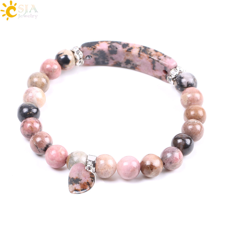CSJA Natural Gem Stone Bangles Line Rhodonite Love Heart Fitting Healing Beads Bracelets Rectangle Stones for Women Jewelry F104