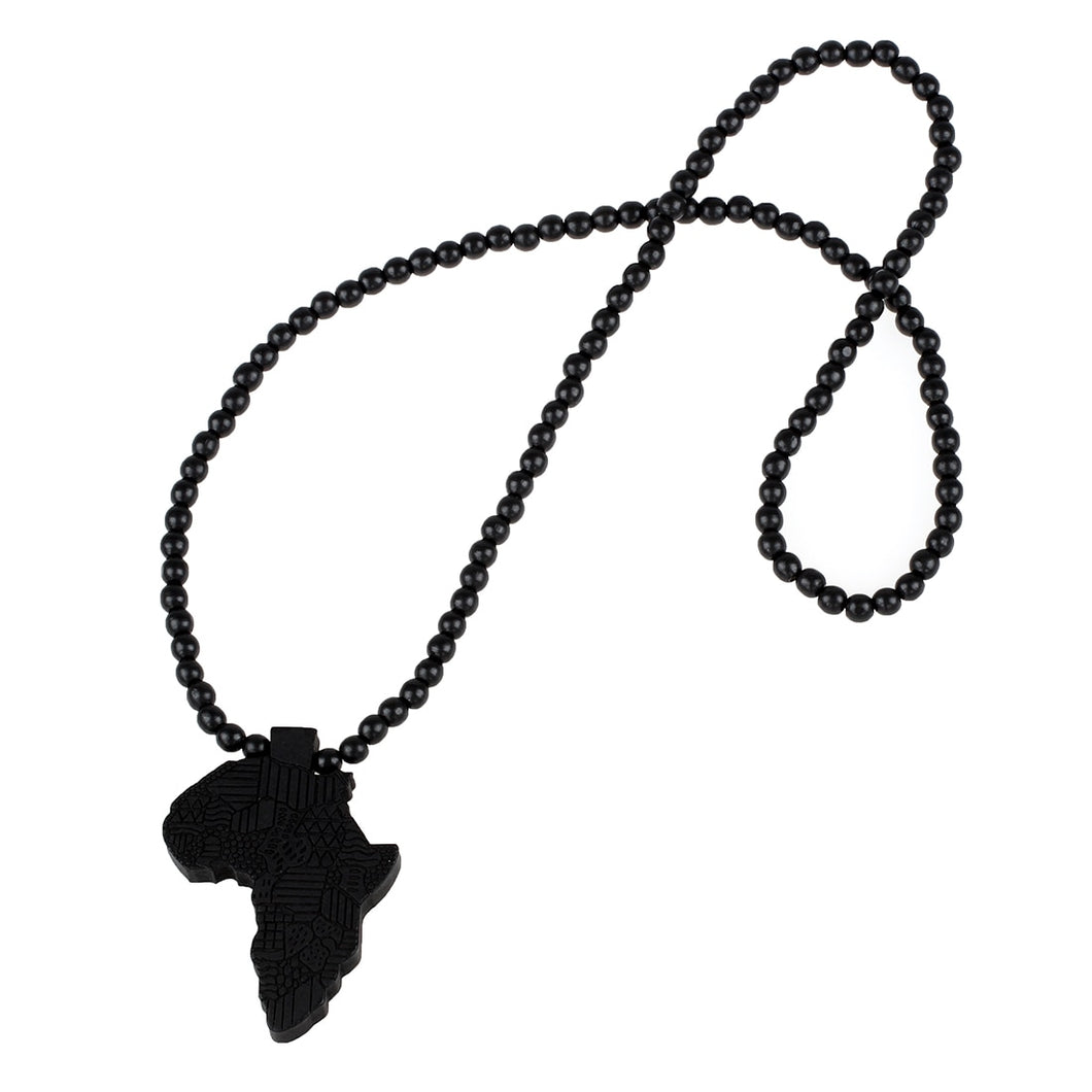 1pcs Hip-Hop African Map Pendant Wood Bead Rosary Necklaces Black