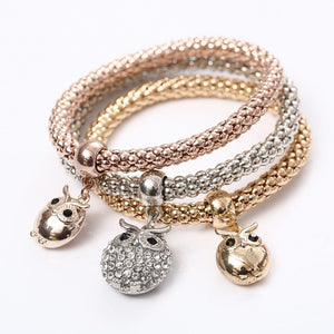 3 Pcs/Set Crystal Owl Heart Charm Bracelets & Bangles Gold/Silver Plated Elephant Anchor Pendants Rhinestone Bracelets For Women
