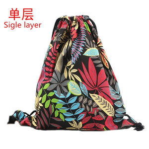 TEXU Fashion nature printing Canvas bag Pulling rope Bundle port shoulder bag Hempleaf(Double-deck)