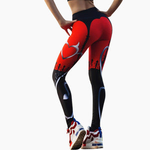 New Sexy Heart Print Leggings Women Red Black Patchwork Sporting Pants Fashion Printed Women's Fitness Leggings