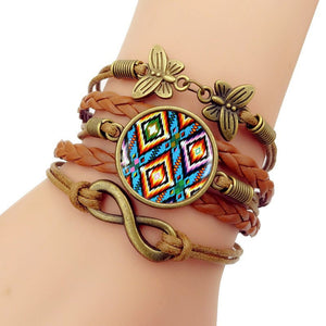 Handmade Knitted Leather bracelet   Colorful Native American Art Vintage Jewelry Multilayer Glass convex combinatio