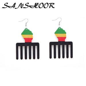 SANSHOOR Rasta Colorful Afro Comb Wooden Earrings With RBG Power Fist Pattern and Silver Hooks Women Dangle Earring 6Pairs
