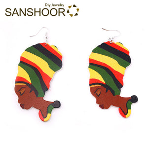 SANSHOOR Printed African Rasta Woman Wooden Earrings Drop Dangles Afrocentric Queen Headwrap Jewelry For Women 2Pairs