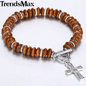 8.5mm Women's Men's Brown Abacus Wood Beads Beaded Bracelet Alloy Cross Charm Bracelet TO Buckle Dropshipping Jewelry 2018 KDB44