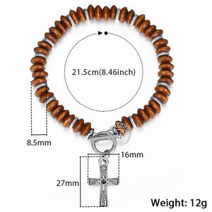 7mm Men's Black Wood Beads Beaded Bracelet Stainless Steel Faces Cross Charm OT Buckle Necklace Bracelet 20.25cm * 2 KDB45