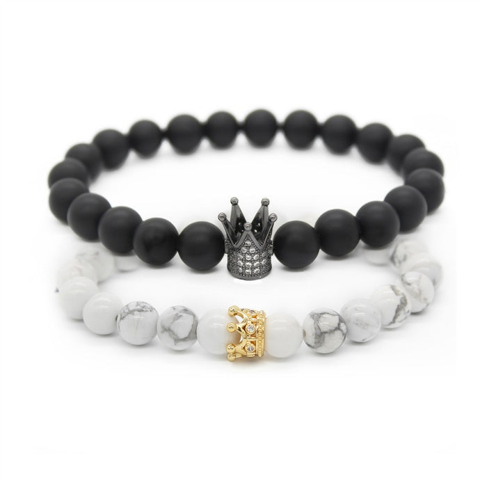 Poshfeel Cz Crown Charm Couple Bracelets for Lovers 8m Natural Stone Beaded Bracelet Set Valentine's Day Gift MBR170283
