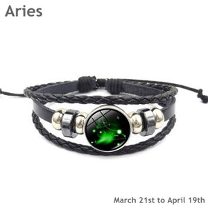 New Handmade Luminous 12 Constellation Zodiac Print Leather Bracelets Glass Snap Buttons Bracelet Bangle for Woman Men Jewelry