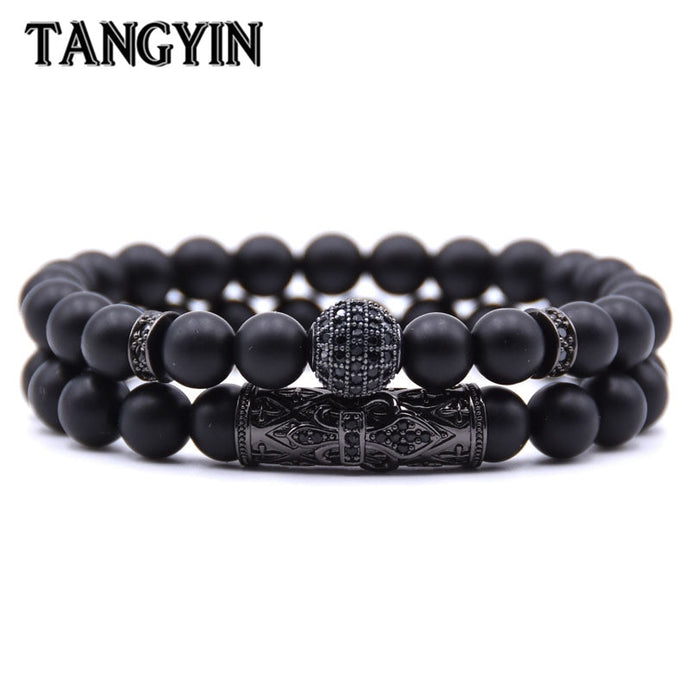Quality Men Set Bracelet Fashion Men Homme Jewelry 8MM Natural Stone Gold Silver Micro-inlaid Zircon CZ Ball Beaded Bracelets