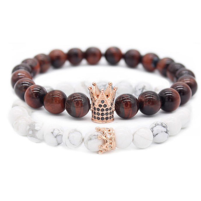 Poshfeel Cz Crown Bracelets & Bangles 8m Natural Stone Beaded Couple Bracelet Set Valentine's Day Gift Drop shipping