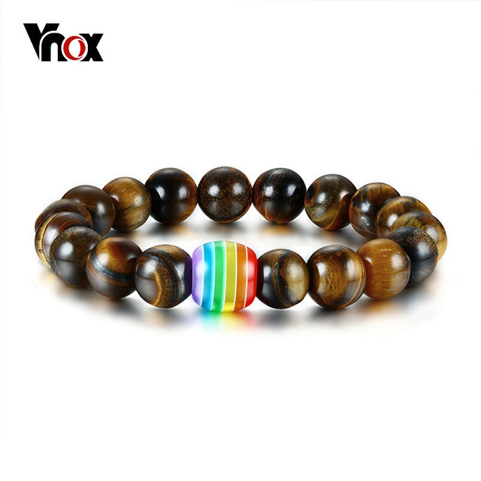 Vnox Gay Lesbian Pride Rainbow Natural Tiger's Eye Stone Lava Rock Beaded Rainbow Bracelets for Men Women
